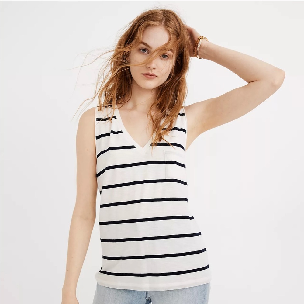 Madewell Whisper Cotton V-Neck Pocket Tank in Creston Stripe Size Small & Medium